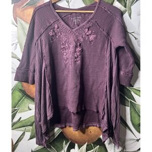 Karyn Seo Floral Embroidered Oversized Shirt Top Womens Medium Purple Boho
